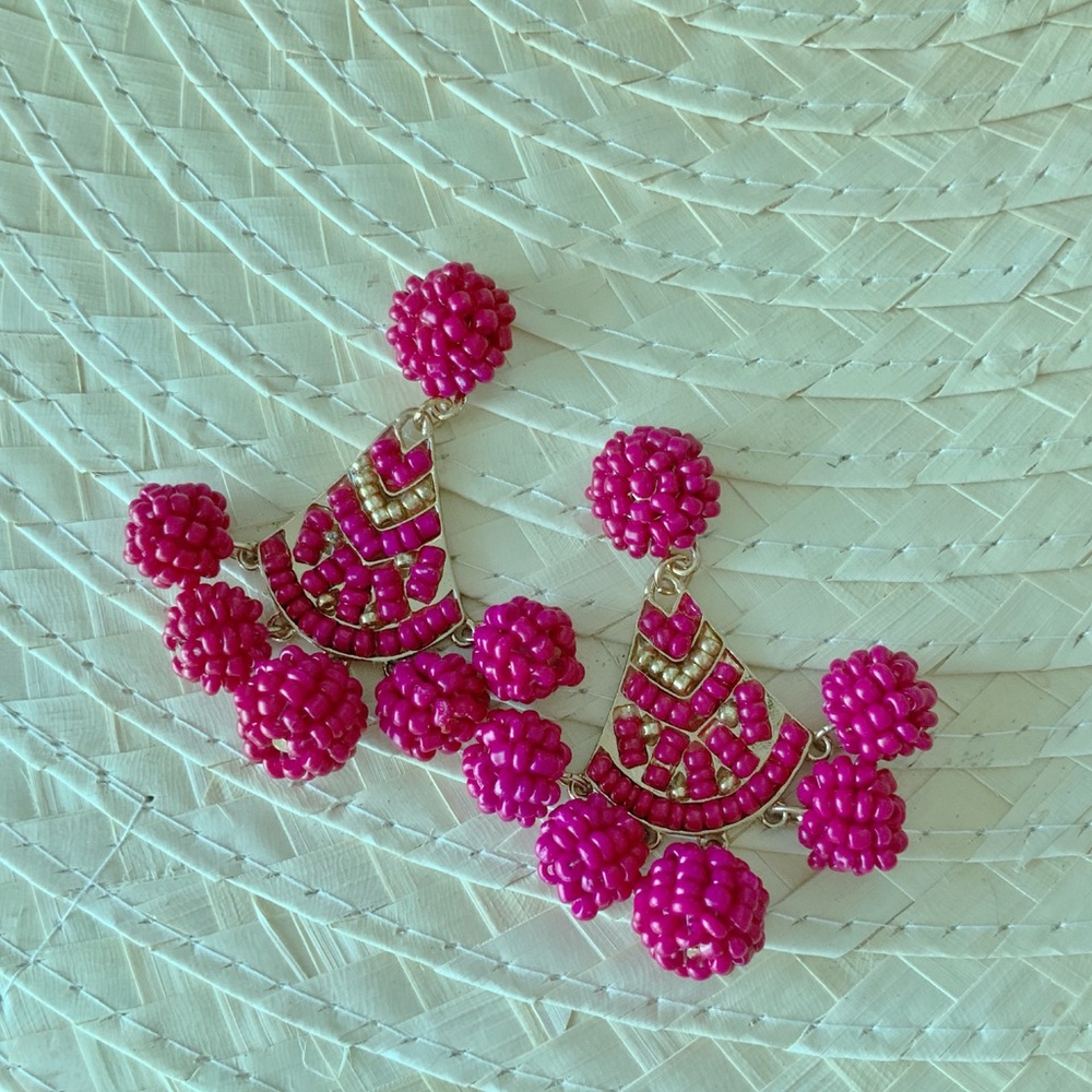 Fuchsia Beaded Hoop Drop Earrings (A6)